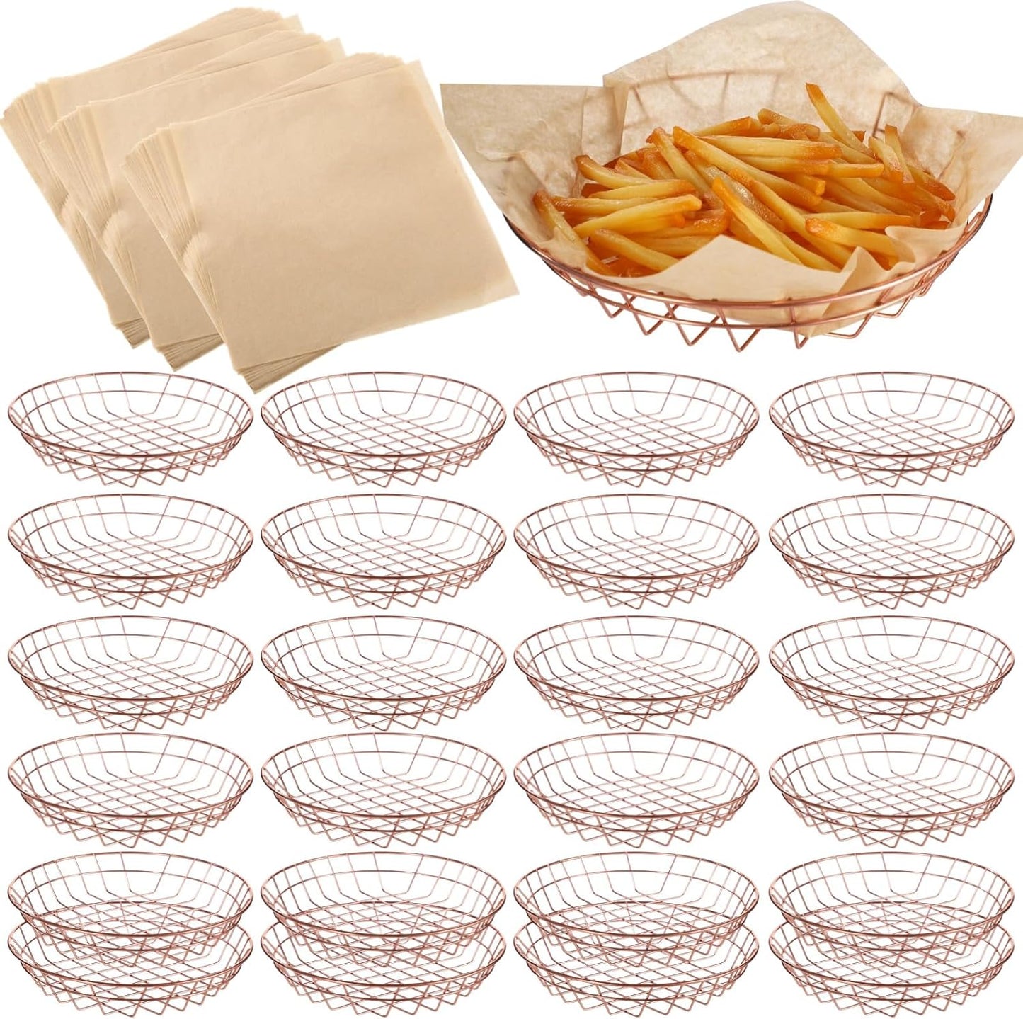 24 PCS Food Serving Wire Baskets, 9.8 x 9.8 x 1.8 Inch Wire Bread Baskets with 100 Sheets Deli Wrapper, Metal Snack Basket with Oil-Absorbing Paper for Restaurant Party