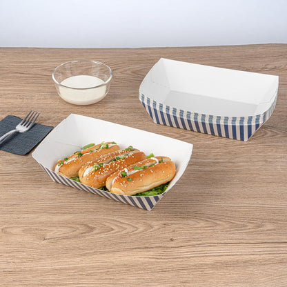 Restaurantware Bio Tek 2 Pound Food Boats 200 Disposable Paper Food Trays - Heavy-Duty Greaseproof Blue And White Paper Boats For Snacks Appetizers Or Treats Use At Parties Or Carnivals