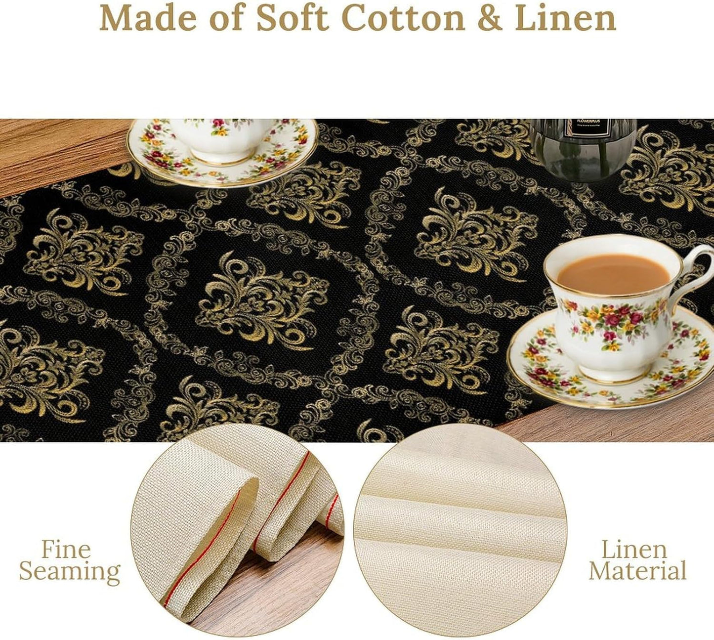 Abstract Table Runner, Traditional Ethnic Patterns Golden Floral Black Cool Vintage Table Runner for Kitchen Living Room Party Home 13x60 Inch