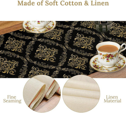 Abstract Table Runner, Traditional Ethnic Patterns Golden Floral Black Cool Vintage Table Runner for Kitchen Living Room Party Home 13x60 Inch