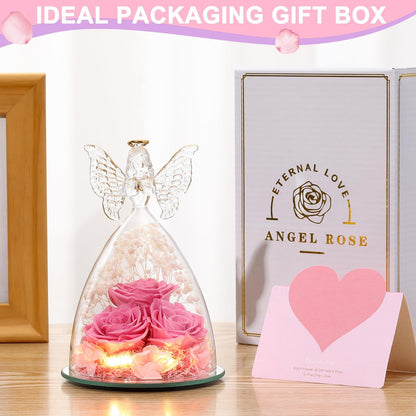 Christmas Rose Gifts for Women Preserved Real Flower in Glass Angel Figurines Roses for Delivery Prime Birthday Gifts for Mom Grandma Girlfriend Wife Her, Sweet Pink