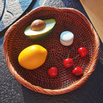 Handmade Rattan Round Fruit Basket Food Storage Bowls Kitchen Organizer Snack Serving Bowl 9 Inch Wavy Edge Circle Tray Basket with 2” Deep Wall, Dark Brown Décor Display Tray Bowl, S