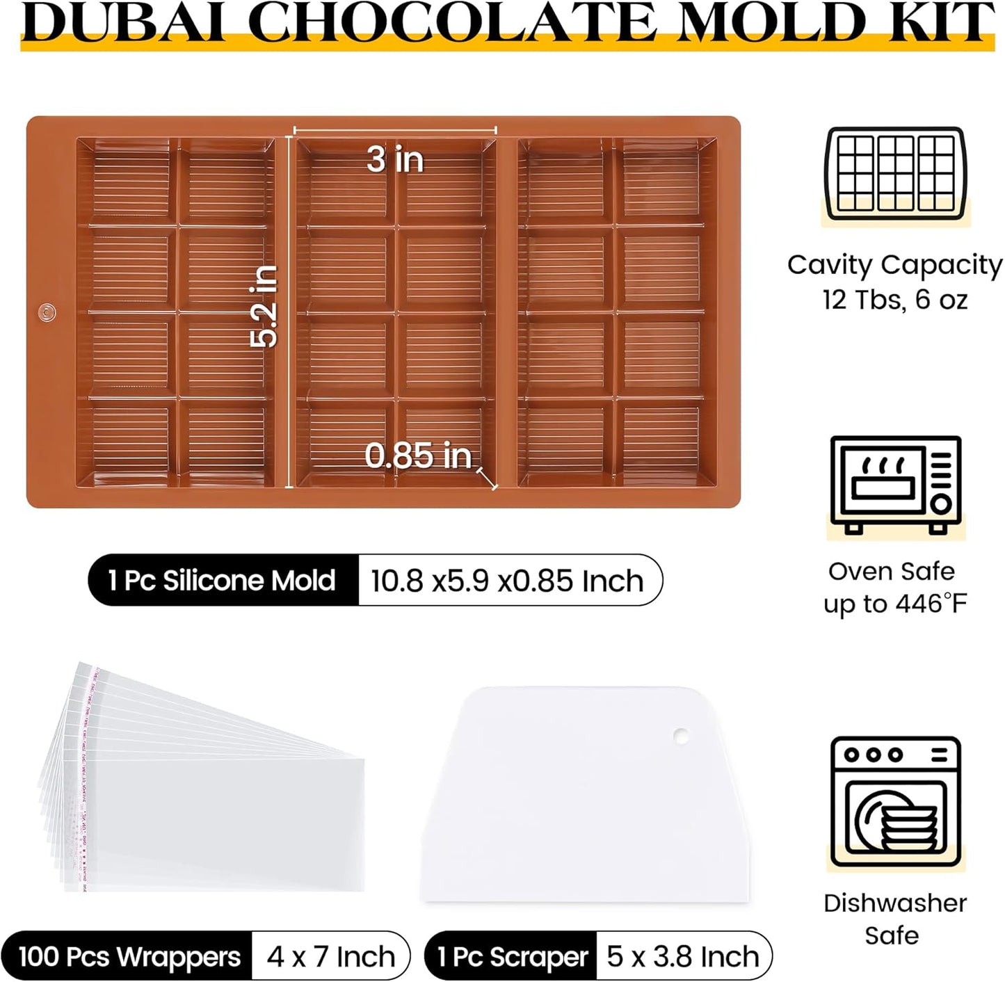 1 Pc Chocolate Bar Mold Deep Dubai 0.85 Inch Stuffed Large Chocolate Molds Silicone Break Apart Thick Silicone Molds for Candy Bar, With 100 Pcs Wrappers and 1 Pc Scrapers Set (8 Snap）