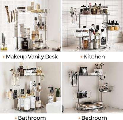 Rotating Makeup Vanity Organizer, Bathroom Countertop Cosmetic Skin Care Storage,Cosmetic Display Case with Brush Holder,for Skincare Perfume Cosmetics,Detachable Hanging Trays & Hooks