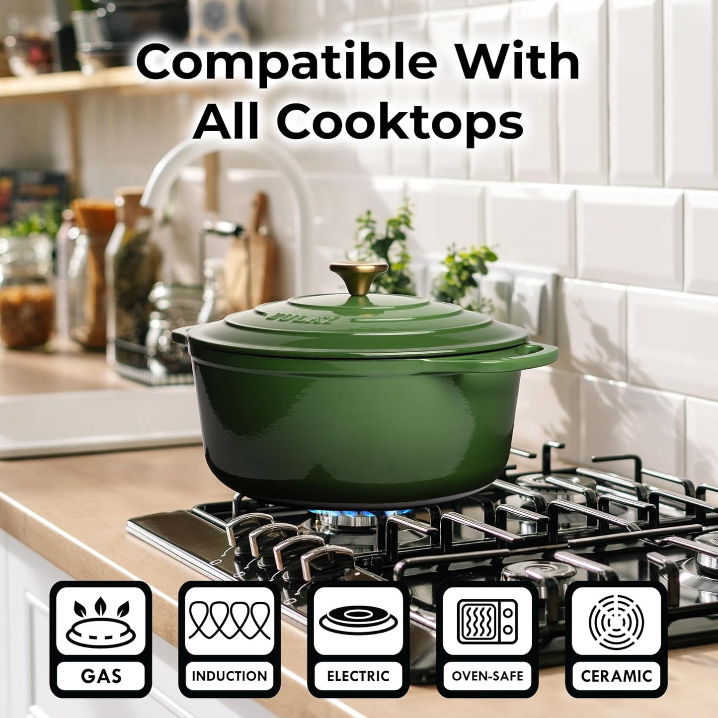 Zulay Kitchen 7.7 Quart Enameled Cast Iron Dutch Oven Pot with Lid – Premium Durability & Oven Safe up to 500°F – Heavy Duty Cookware Perfect for Bread Baking, Stews, Braising & Roasting – Green