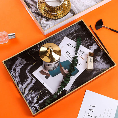 Zosenley Decorative Tray, Marbling Plastic Tray with Handles, Rectangular Vanity Tray and Serving Tray for Bathroom, Kitchen, Ottoman and Coffee Table, 15.6” x 10.2”, Black