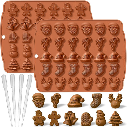 Christmas Silicone Chocolate Molds, 2 Pcs Reuseable Silicone Chocolate Molds, Bakeable Christmas Mould with Santa Christmas Tree Elk Patterns for DIY Chocolate, Candy, Jello, Wax (4 Droppers)