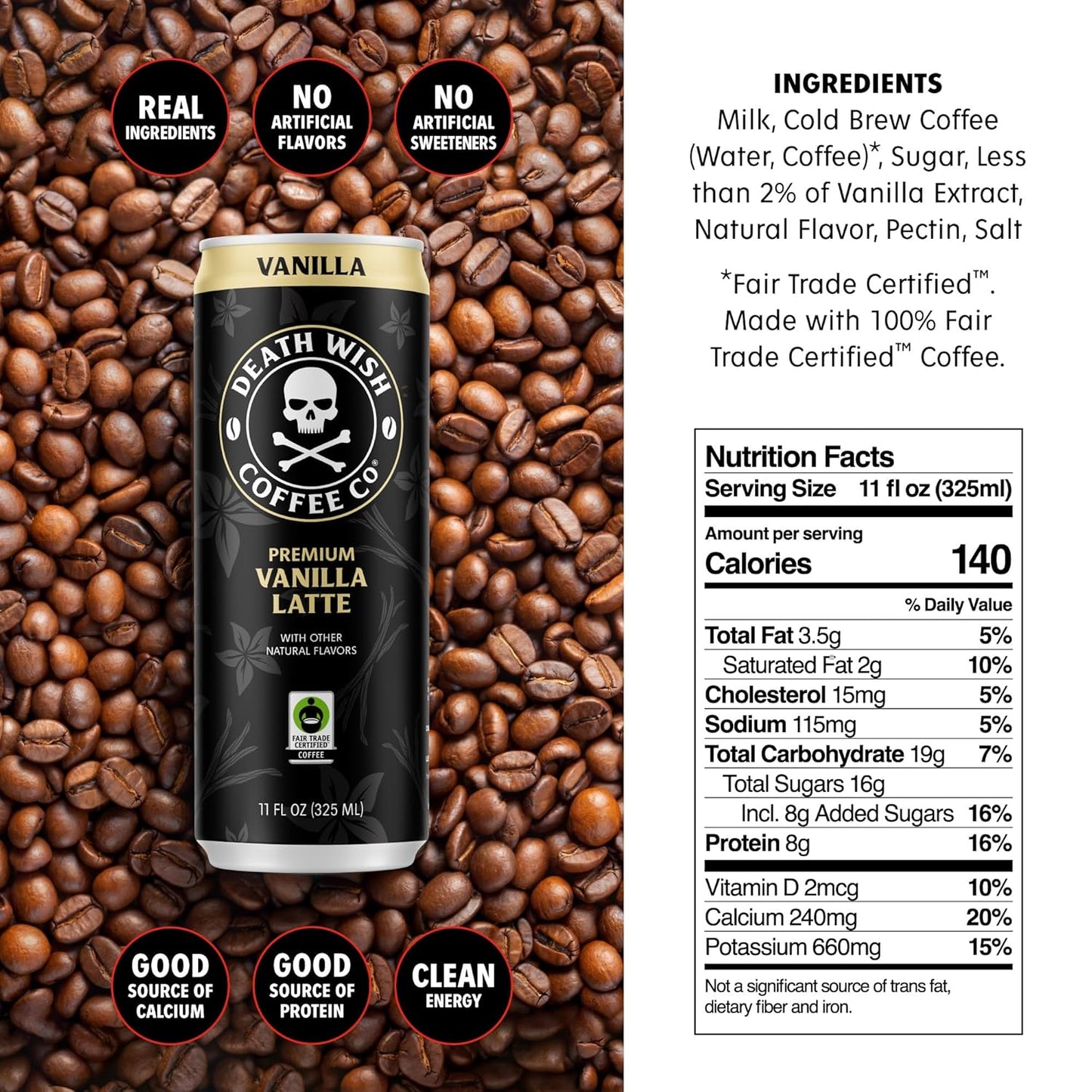 Death Wish Coffee, Iced Coffee Cold Brew, 8g Protein, Fair Trade (Vanilla Latte)