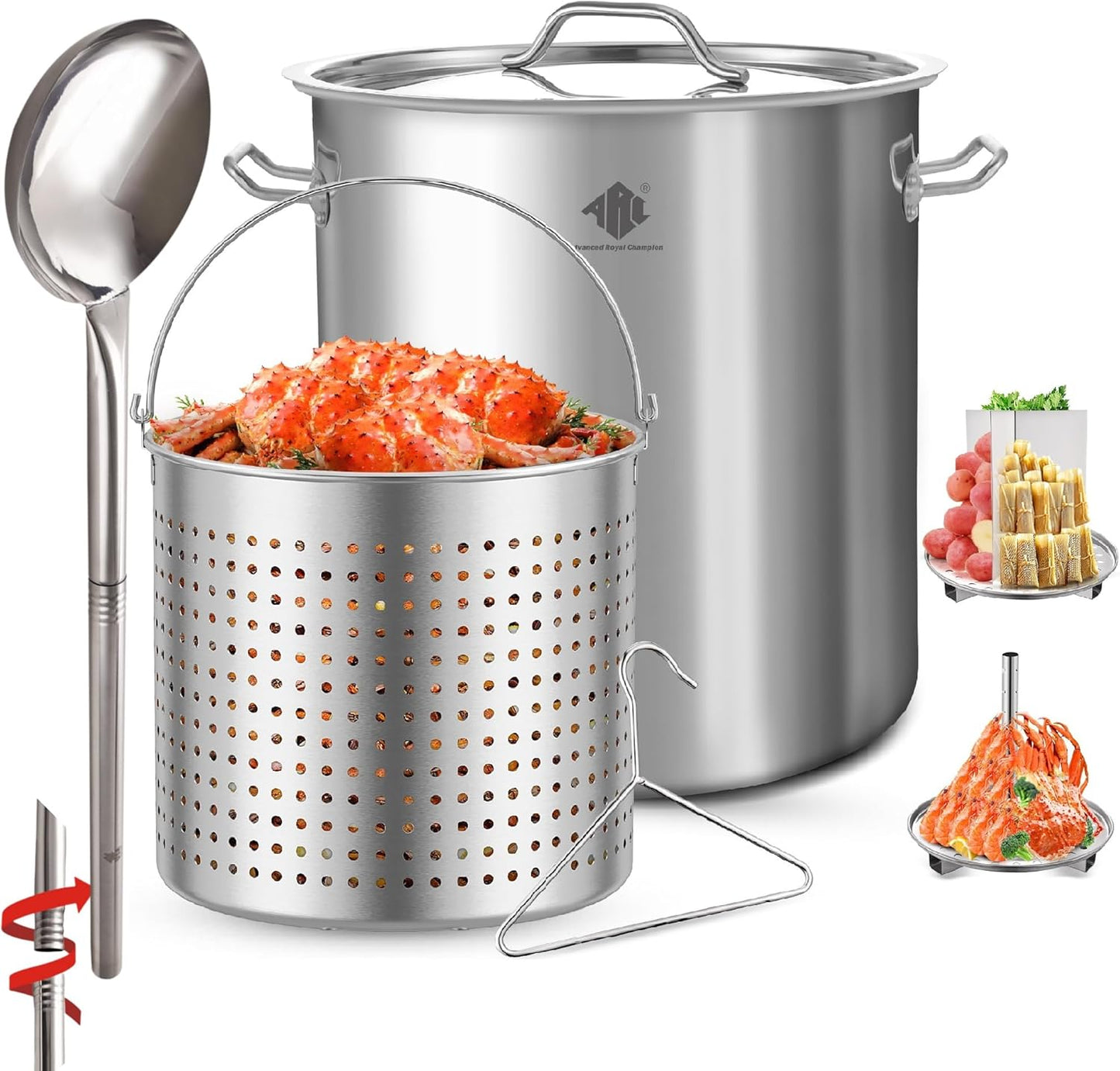 ARC 84quart Large Stainless Steel Stockpot with 48in Mixing Spoon for Seafood Boiler Crawfish Pot with Basket and Steam Rack,Long Handle Spoon for Large Batch Cooking Crab Lobster Shrimp, and Tamales