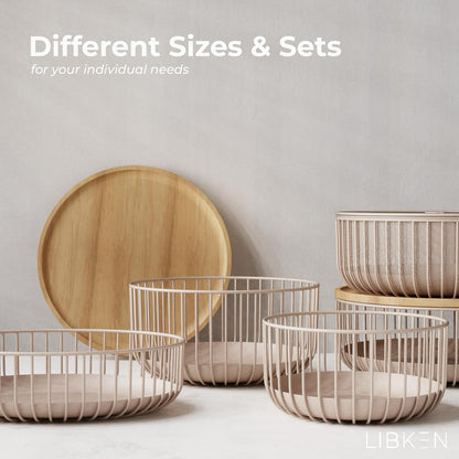 Metal Fruit Bowl Basket with Wooden Lid - Fruit and Vegetable Holder For Kitchen Counter - Countertop Display Baskets Organizer - Bowl Storage for Veggie, Fruits, Snack, and Banana - Peach