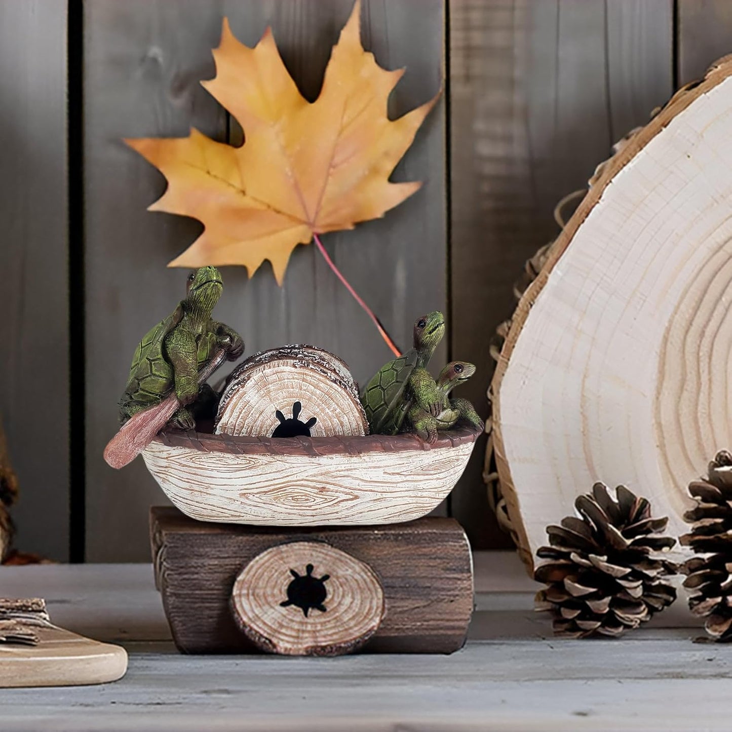 Turtle Coasters Set of 5 Rustic Coasters in Handmade Canoe Turtle Log Cabin Decor for The Home Drink Round Table Coffee Mug Wine Beer Bar Decorative Green