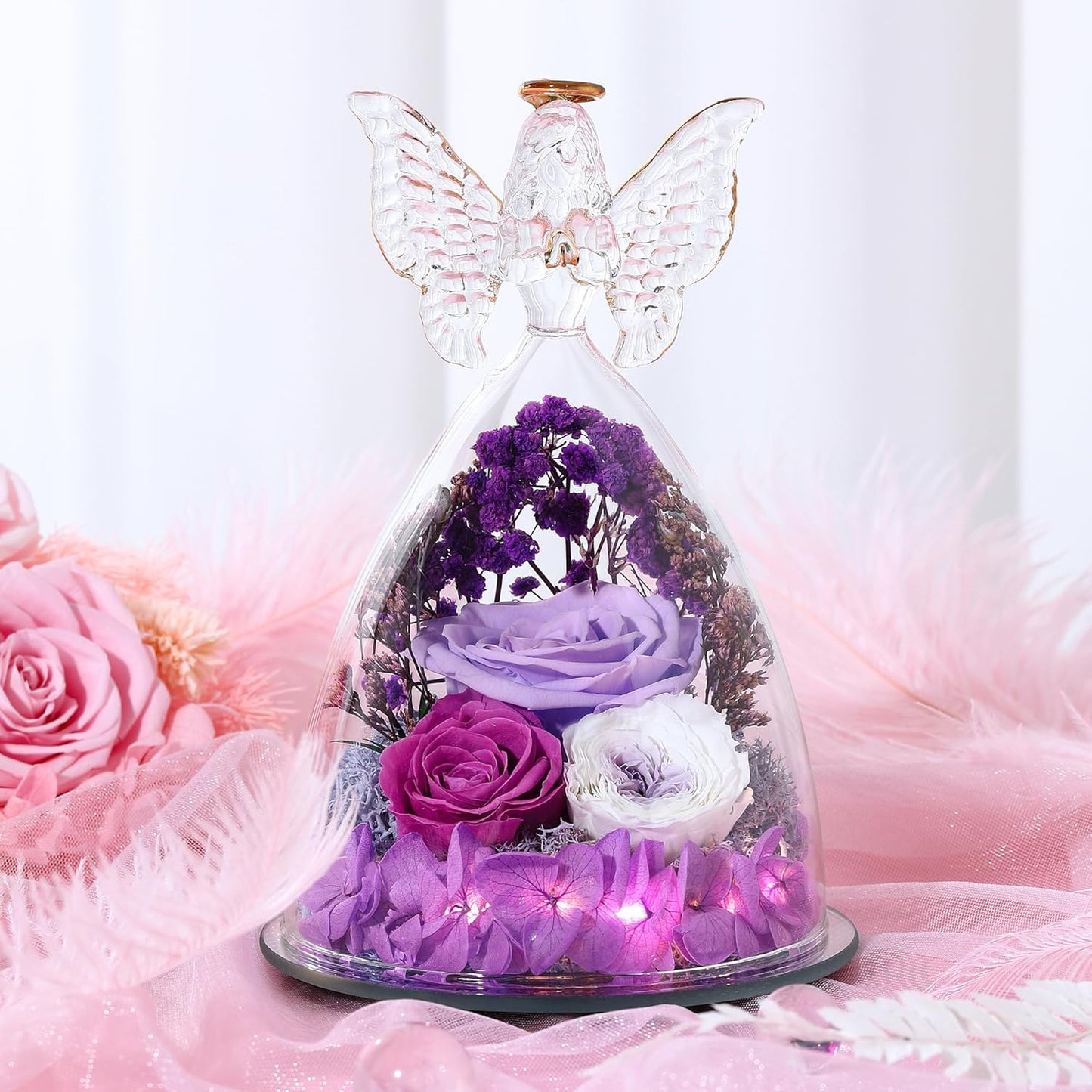 Christmas Rose Gifts for Women Preserved Real Flower in Glass Angel Figurines Roses for Delivery Prime Birthday Gifts for Mom Grandma Girlfriend Wife Her, Light Purple Austin Roses