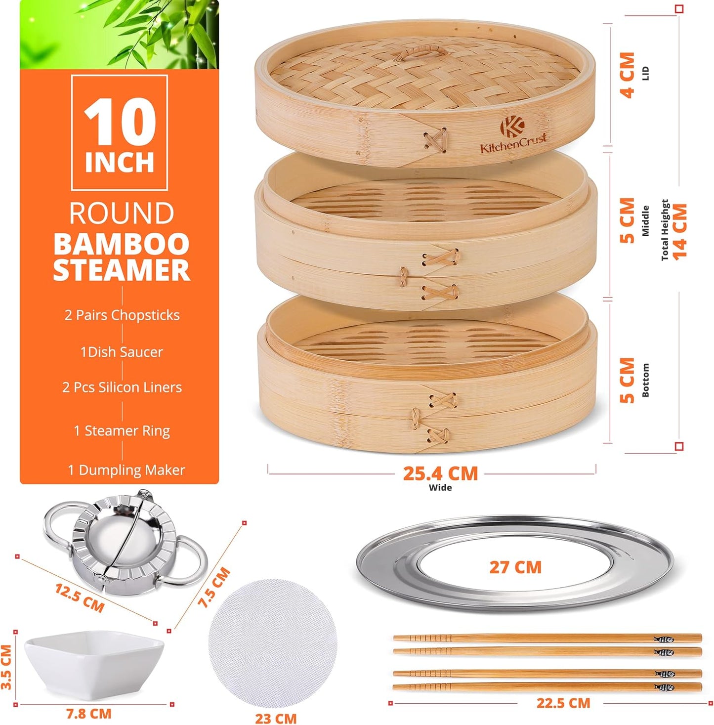 Bamboo Steamer Basket for Chinese Asian Cuisine - 2 Tier 10-Inch Steaming Basket Bun Vegetable Steam, Dumpling Steamer bamboo steam basket, Sauce Dish, Chopsticks, Reusable Liners, Ring