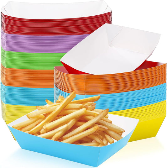 120 Pcs Colorful Paper Food Trays, 3 Lb Disposable Paper Boats, Disposable Nacho Trays, Colored Food Serving Boats for Snacks Hot Dog Nachos Sandwich Burger BBQ Dessert Popcorn Taco, 6 Colors