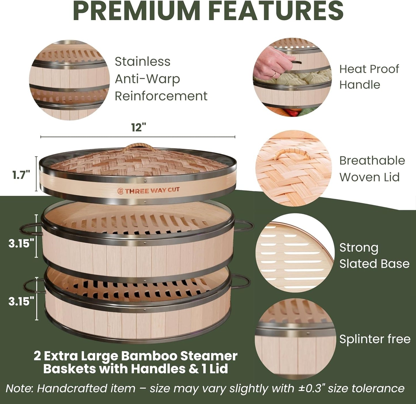 2-tier 12" Bamboo Steamer with Reinforcement & Handle, Reusable Silicone Liner & Accessories Kit For Cooking Dumpling, Baby Bao Bun, Dim Sum, Rice Potsticker Steaming Chinese Asian Food & Vegetables