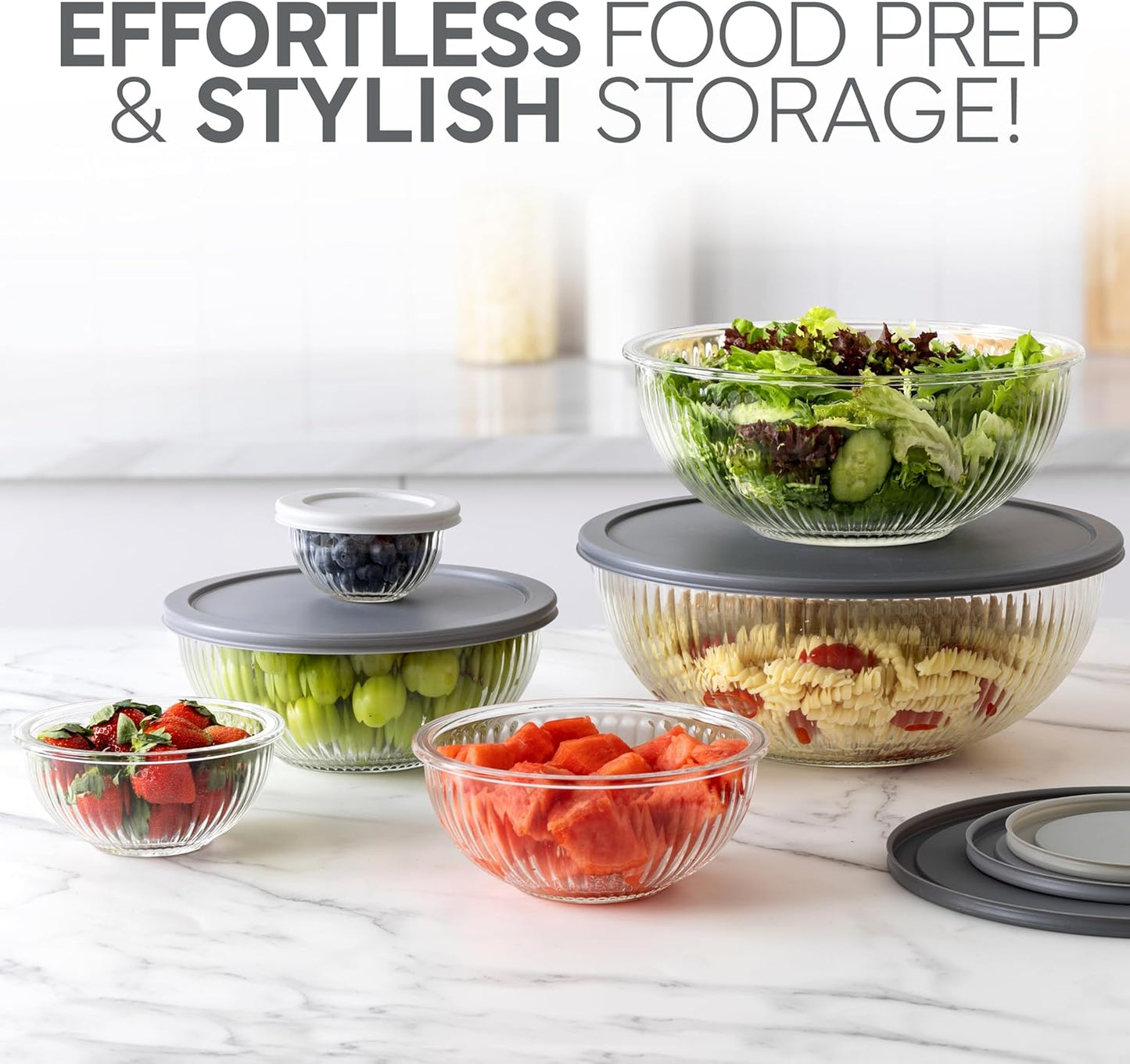 COOK WITH COLOR 12 Pc Glass Mixing Bowl Set with Lids – Borosilicate Glass Nesting Bowls for Cooking, Baking and Meal Prep, Fluted Grey