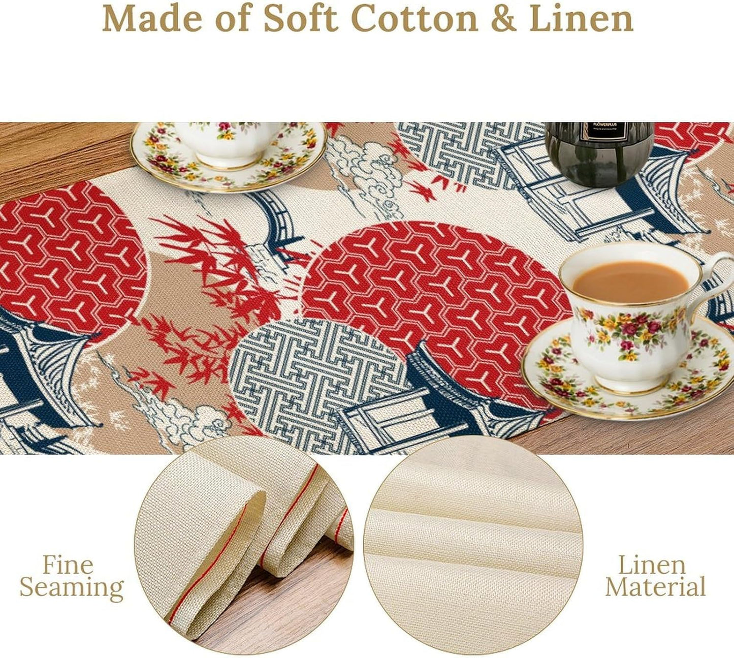 Asian Style Landscape Dinning Table Runner, Oriental Line Geometry Wave Traditional Elements Red White Table Runner for Kitchen Home Party Dinner Set, 13x90 Inch