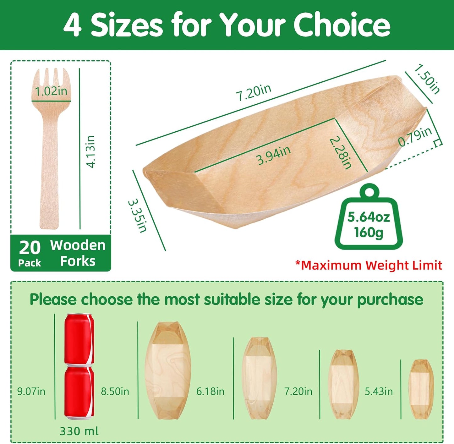 200-Pack Wooden Disposable Plates 7 IN Boat Plates Food Trays Disposable Dessert Plates Disposable Food Boats for Party Weddings Picnic (Actual Size Used: 3.94" D x 2.28" W x 0.79" H)