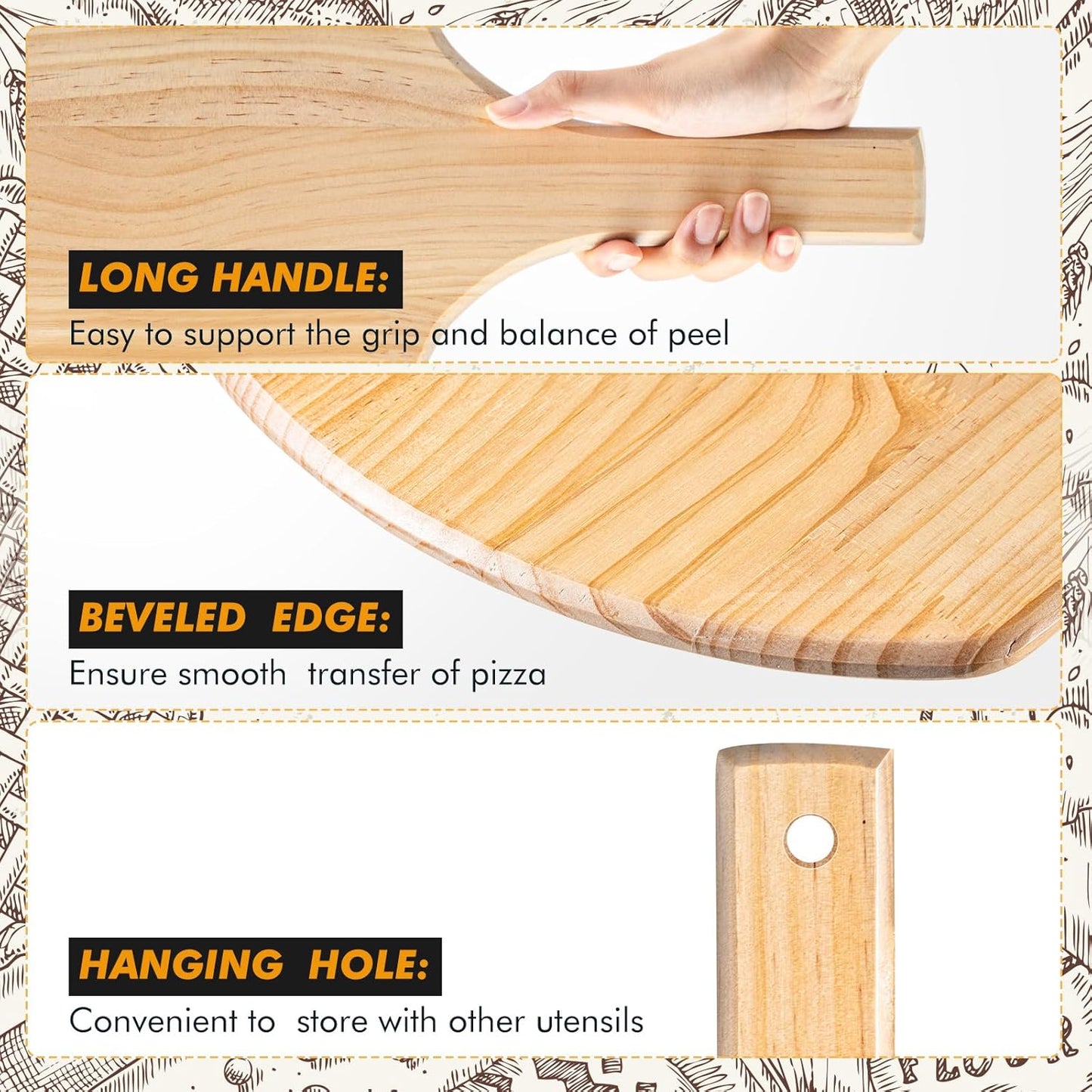 Bokon 2 Pack Wooden Pizza Peel, 16 x 14 Inch Large Pizza Paddle Set with 8 Inch Wooden Handle for Oven, Stone, Pan or Grill, Spatula for Baking Bread and Cake - Indoor & Outdoor