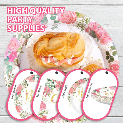 Grencian 96 Pcs Bachelorette Party Decorations Rose Gold Bride Shower Plates and Napkins Bride to Be Tableware Pink Flower and Gold Bachelorette Party Supplies for Engagement Wedding Party Favors