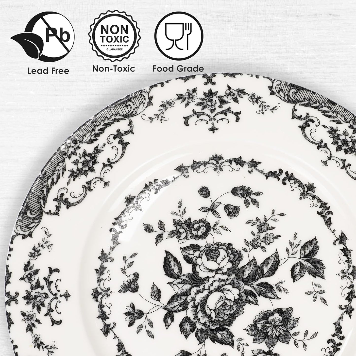 Dinner Plates Set of 6, Ceramic Kitchen Plates Microwave Safe Plates, 10.5 Inch Porcelain Dinner Plates Floral, Black