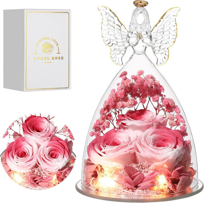 Christmas Rose Gifts for Women Preserved Real Flower in Glass Angel Figurines Roses for Delivery Prime Birthday Gifts for Mom Grandma Girlfriend Wife Her, Pink White