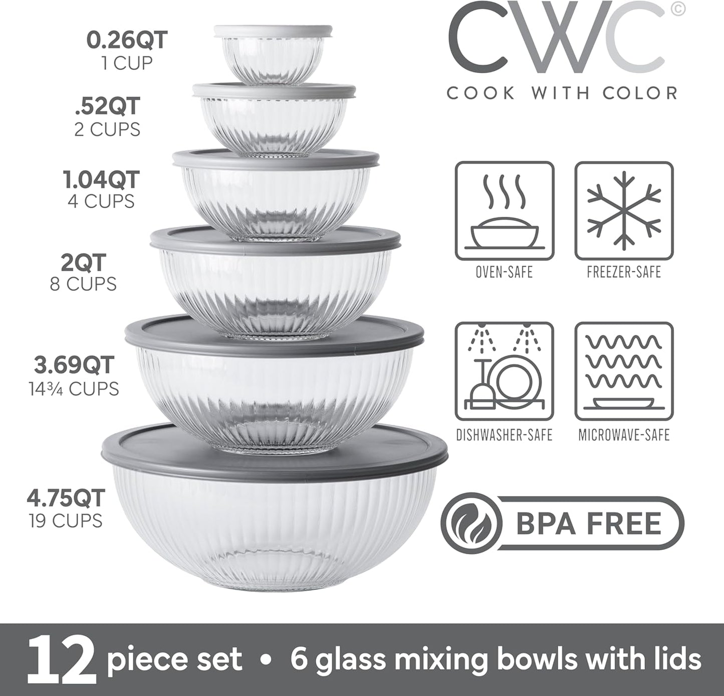 COOK WITH COLOR 12 Pc Glass Mixing Bowl Set with Lids – Borosilicate Glass Nesting Bowls for Cooking, Baking and Meal Prep, Fluted Grey