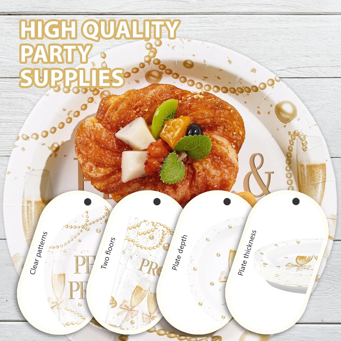 Grencian 96Pcs Pearls and Prosecco Bridal Shower Decorations Engagement Party Paper Plates Disposable Gold Pearls Champagne Party Supplies Tableware for Bride to Be She Said Yes Wedding Decor