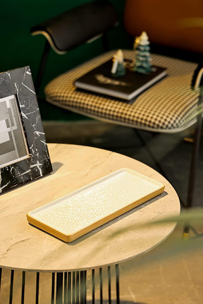 Vanity Tray with Brown Trim - Rectangular White Candle & Perfume Holder Organizer - 12"4.7" for Dresser, Table, Bathroom Countertop