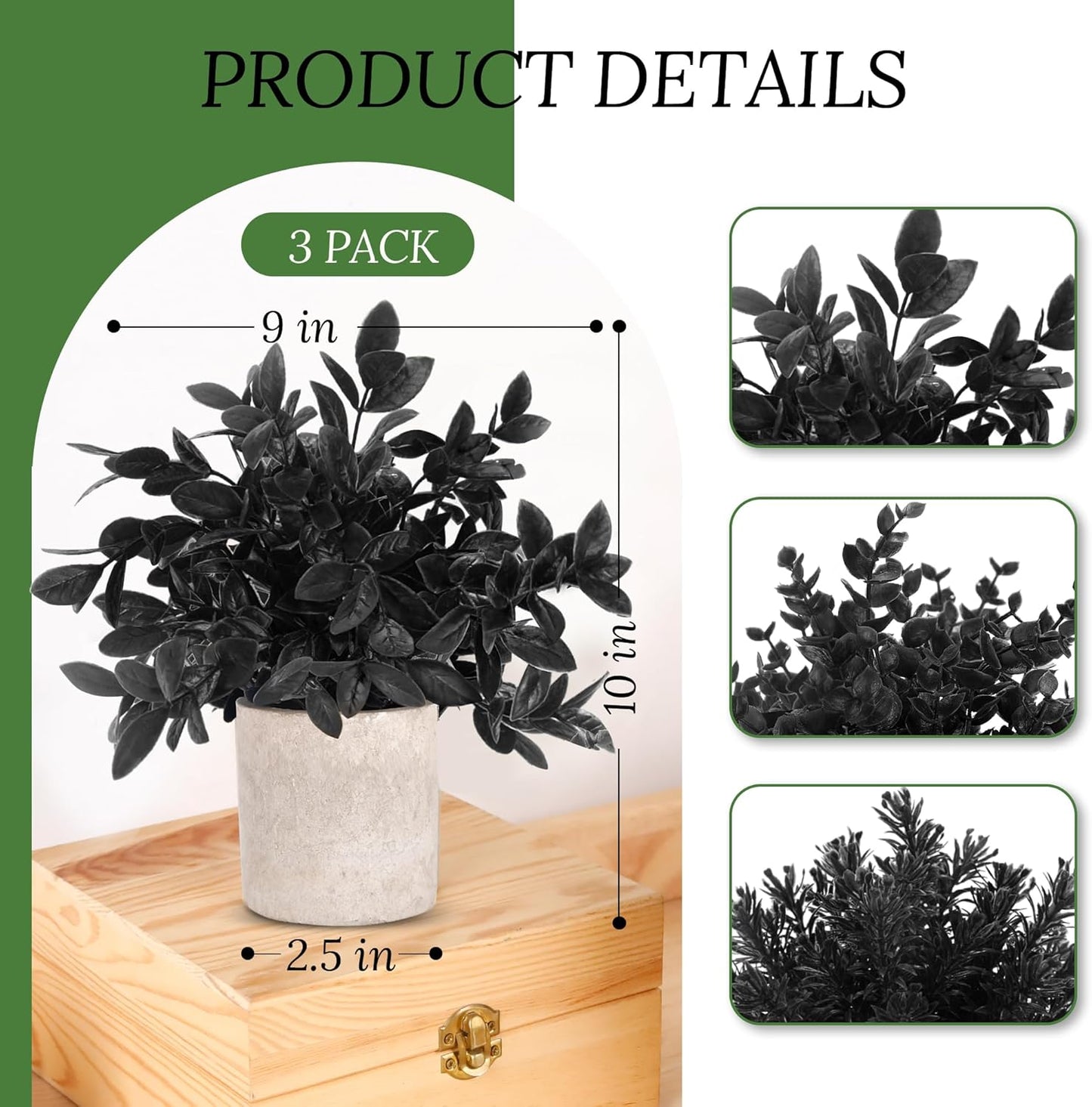 Der Rose 3 Pack Black Fake Plants Artificial Eucalyptus Plants Topiaries for Halloween Decorations Bathroom Accessories Home Office Desk Farmhouse Room Table Shelf Decor(Black)