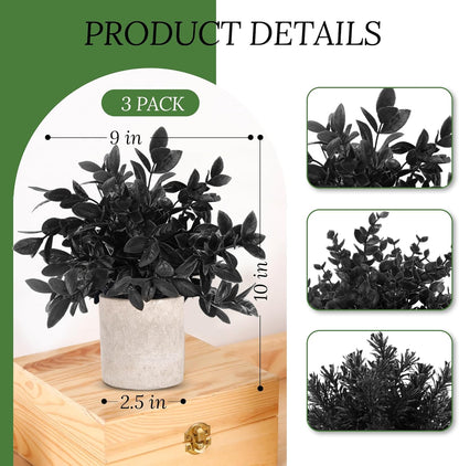Der Rose 3 Pack Black Fake Plants Artificial Eucalyptus Plants Topiaries for Halloween Decorations Bathroom Accessories Home Office Desk Farmhouse Room Table Shelf Decor(Black)