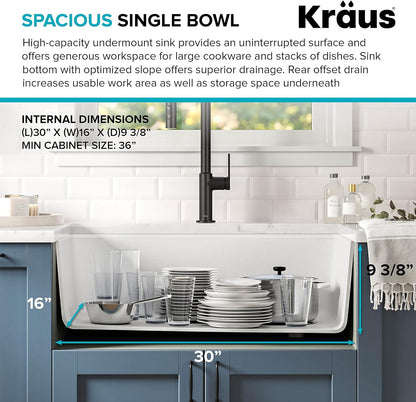 Kraus KGUW1-33WH-100-100, Bellucci Workstation 32 in. Undermount Granite Composite Single Bowl Kitchen Sink in White with WasteGuard 1 HP Continuous Feed Garbage Disposal and Accessories