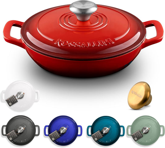 Signature Enameled Cast Iron Braiser, Non-Stick Serving Pot with Tight Fitting Lid for Perfect Roasting, Baking, Sauteing, Searing, and Pan Frying | 5Q (4.7L) - Red