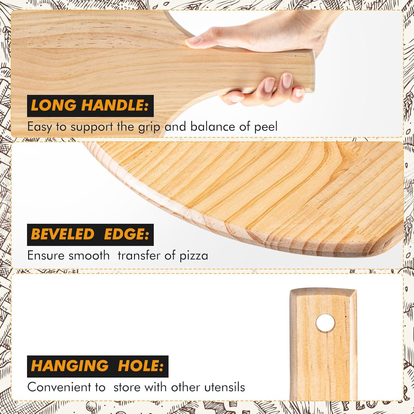 Bokon 2 Pack Wooden Pizza Peel, 14 x 12 Inch Large Pizza Paddle Set with 4 Inch Wooden Handle for Oven, Stone, Pan or Grill, Spatula for Baking Bread and Cake - Indoor & Outdoor