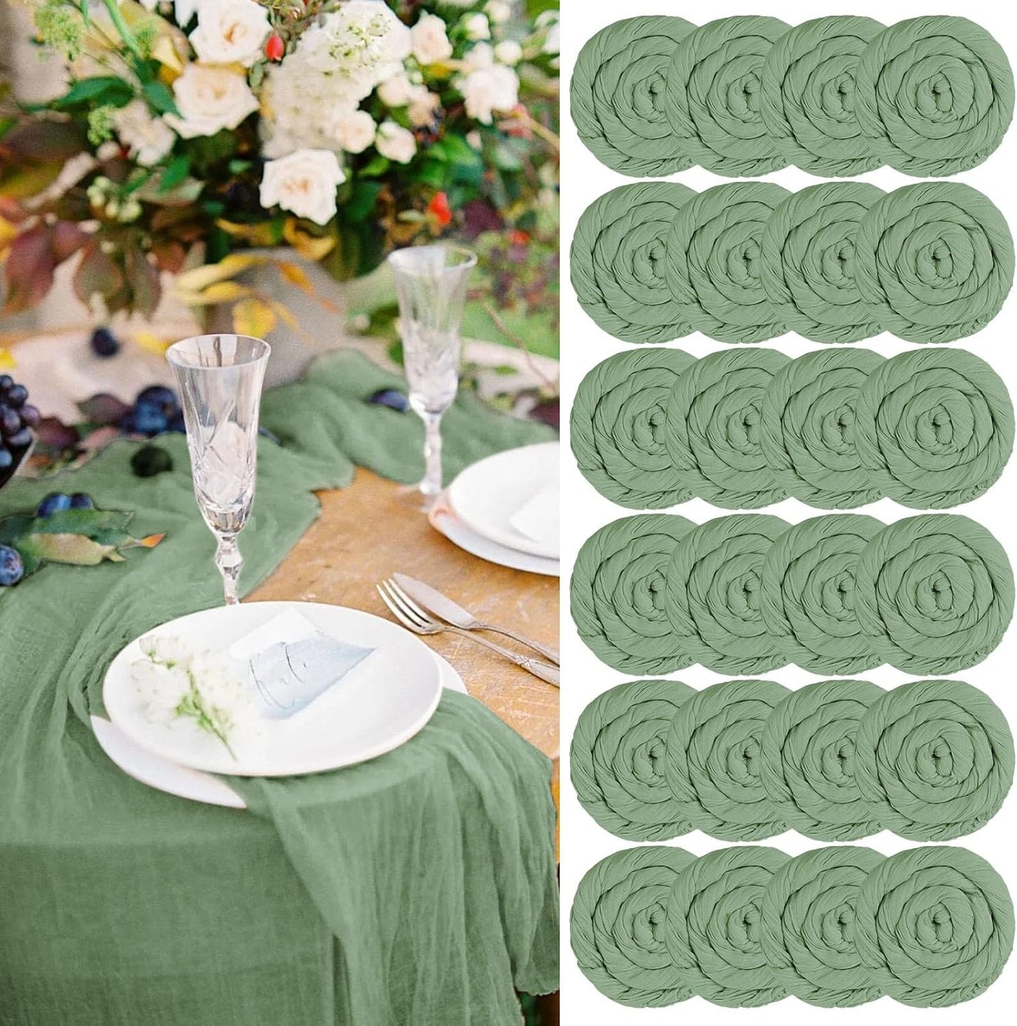 24 Packs Cheesecloth Table Runner Sage Green,10 Ft Sage Green Table Runner for Wedding, Rustic Gauze Boho Decoration for Wedding Party Bridal Shower,21.5x120in