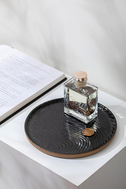 Vanity Tray with Brown Trim - Candle & Perfume Organizer, Round Black 8"8" Home Decor