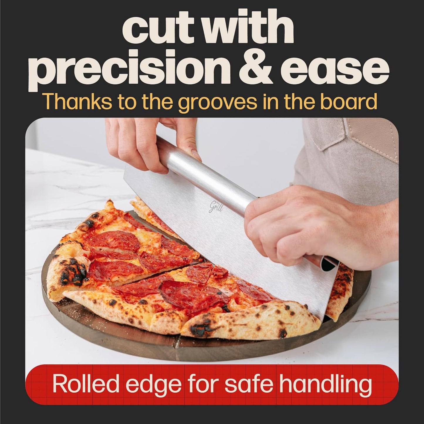 Hans Grill Pizza Cutting Board and Pizza Cutter Rocker Blade Gift Set Professional Stainless Steel Food Slicer with 13.5" Acacia Wooden Board Perfect for Slicing and Serving Pizza, Pies and Cheese