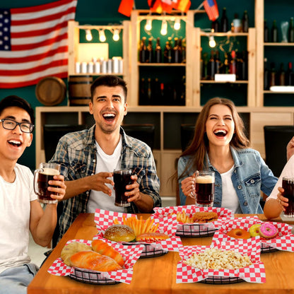 Hushee 12 Pcs Wire Bread Basket 9.5x6.2x2.2 Inch Halloween Candy Basket Oval Metal Dinner Roll Baskets for Serving Fruit Bowl with 50 Deli Wrapper Paper for Kitchen Fast Food(Black,Red White Plaid)