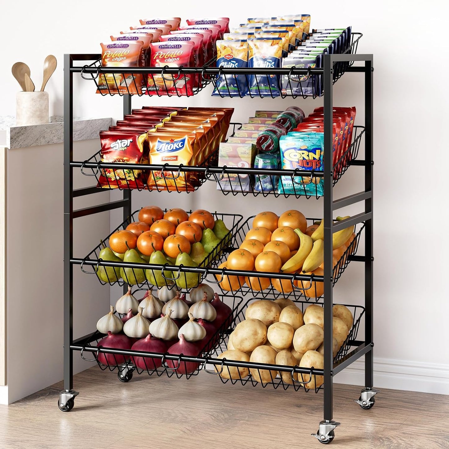 Evermagin 25.2''W Snack Cart, 4 Tier Kitchen Cart, Fruit Basket Stand, Vegetable Food Storage with 8 Stackable Wire Baskets for Onion Potato, Black