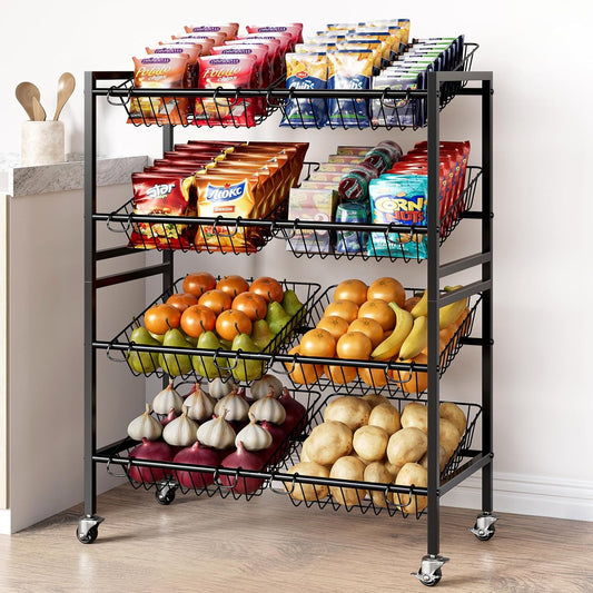 Evermagin 25.2''W Snack Cart, 4 Tier Kitchen Cart, Fruit Basket Stand, Vegetable Food Storage with 8 Stackable Wire Baskets for Onion Potato, Black