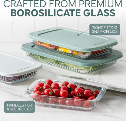 COOK WITH COLOR 8-Piece Deep Glass Baking Dish Set with Plastic Lids – Casserole and Food Storage Containers for Lasagna, Leftovers – Freezer-to-Oven, Microwave & Dishwasher Safe, Fluted Sage