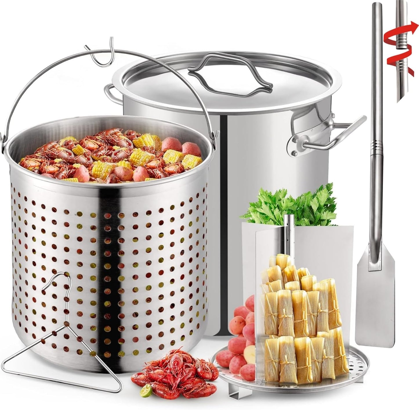 ARC 100quart Large Stainless Steel Stockpot with 48 inch Mixing Paddle for Seafood Boiler Crawfish Pot with Basket and Steam Rack, Stir Paddle for Large Batch Cooking Crab Lobster Shrimp, and Tamales