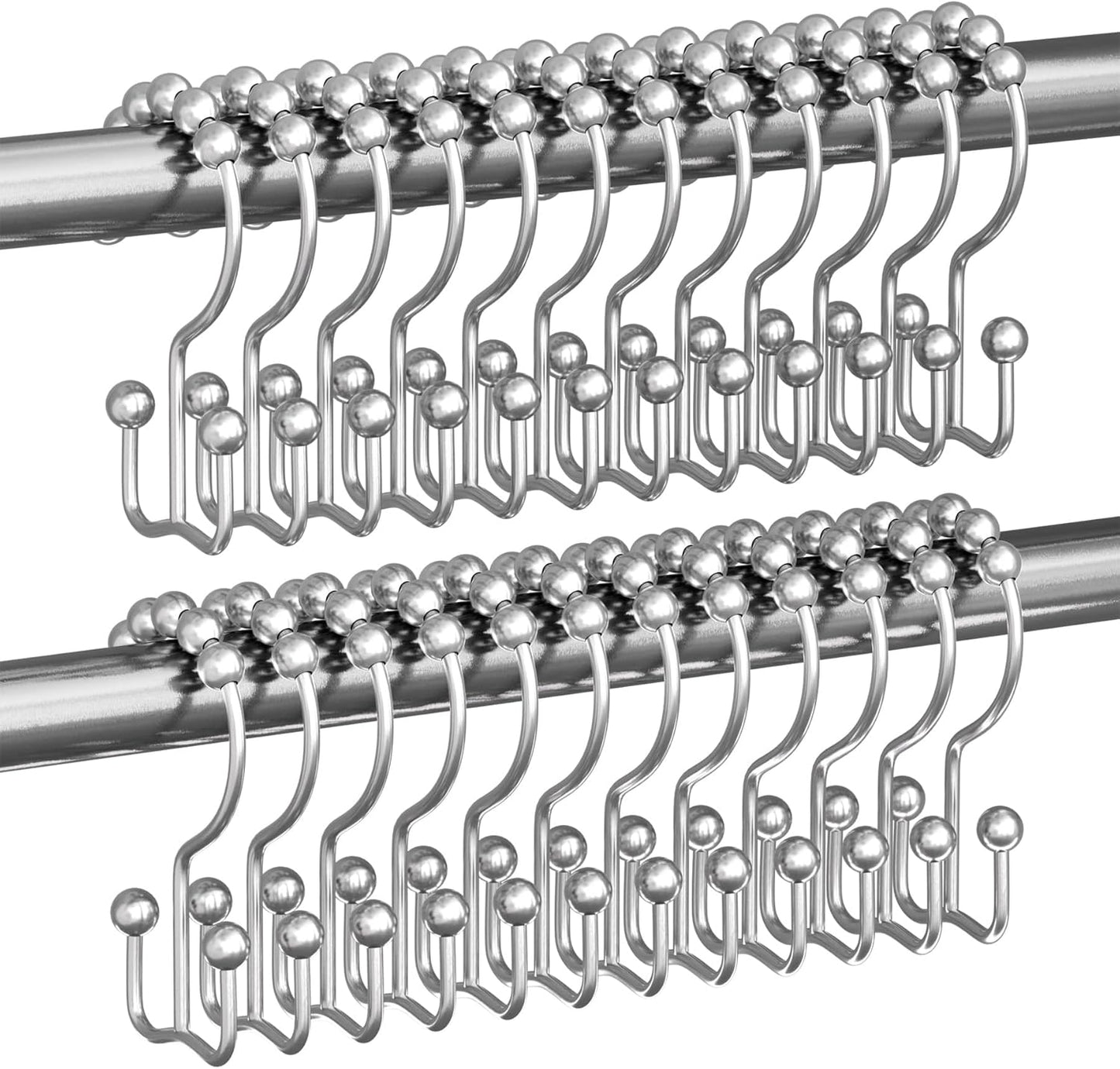 Titanker Shower Curtain Hooks Rings, Rust Resistant Metal Double Glide Shower Hooks Rings for Bathroom Shower Rods Curtains, Set of 24 Hooks - Chrome
