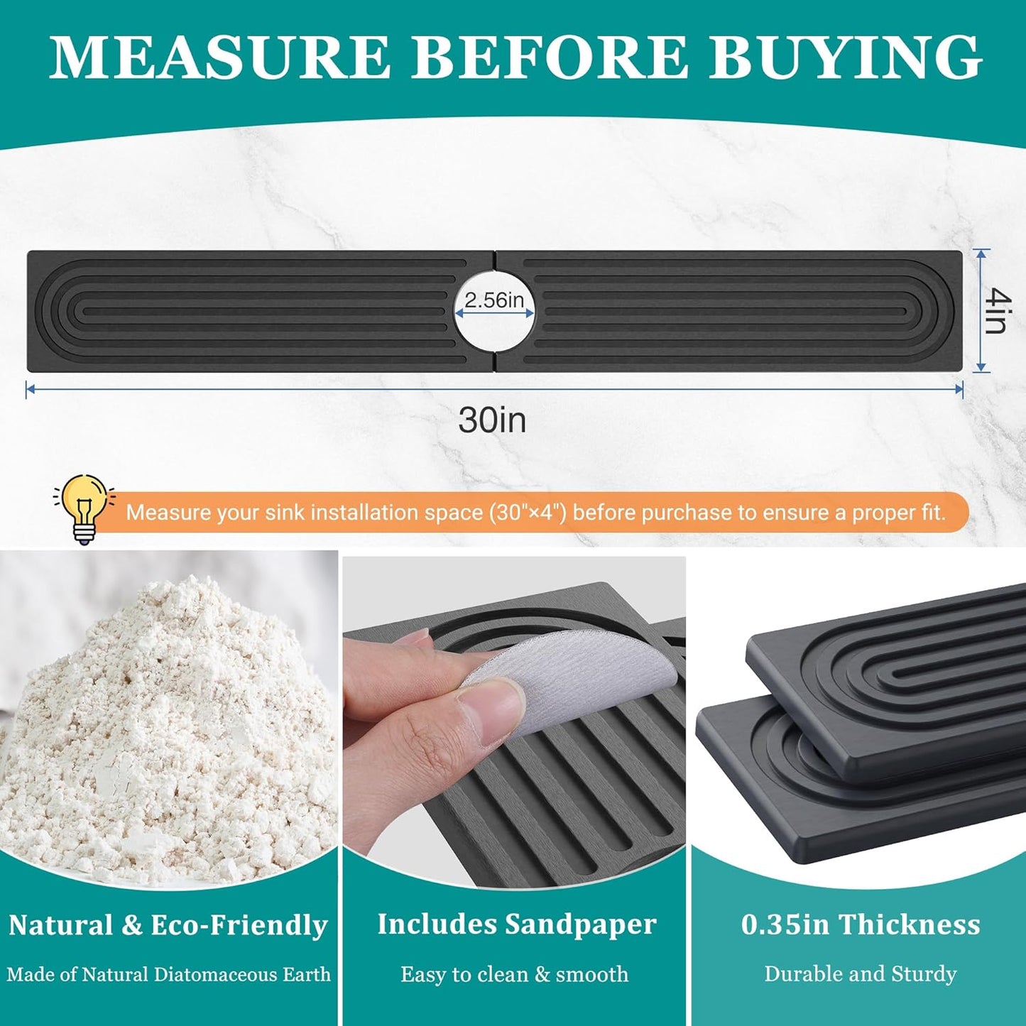 Stone Faucet Mat for Kitchen Sink - Quick Dry Diatomite Sink Splash Guard, Prevents Moisture Buildup & Water Stains, Water Absorbing Stone Tray for Bathroom Countertop (Dark Gray, 30" x 4")