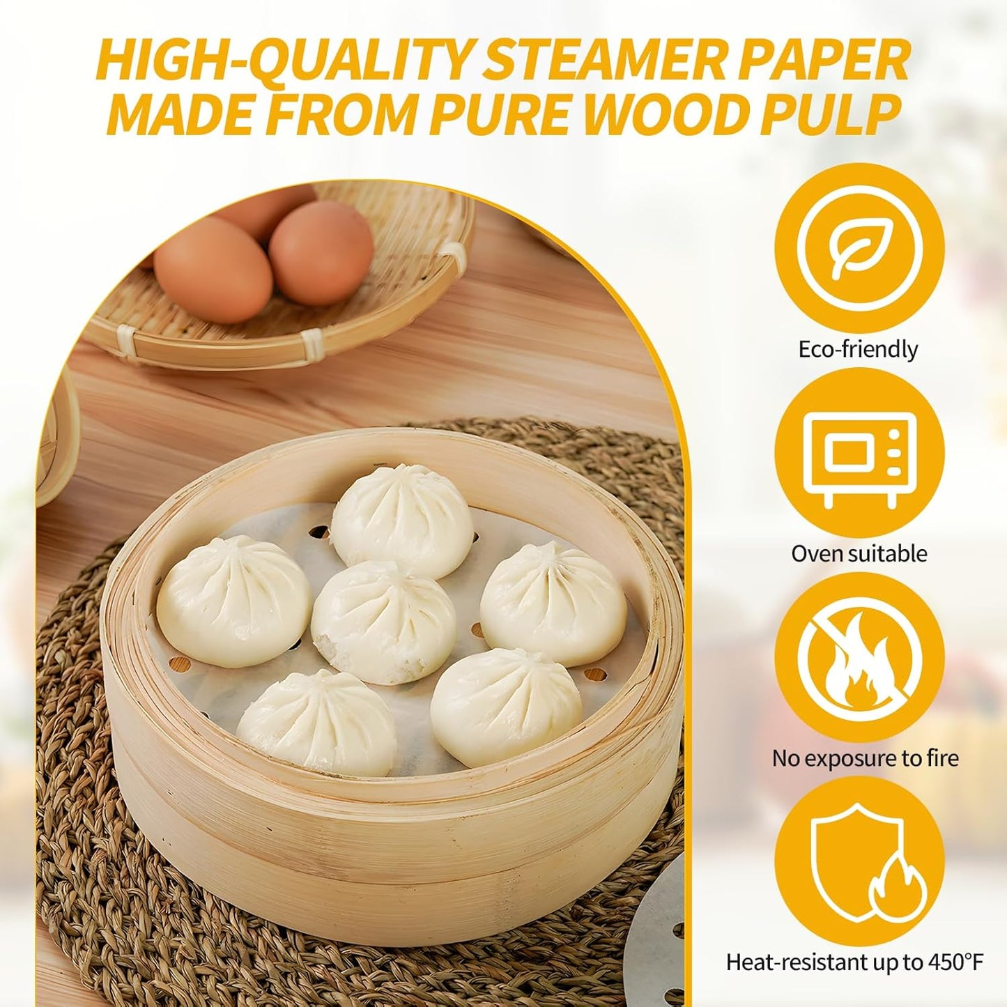 100 PCS Non-Stick Bamboo Steamer Paper, 10" Round Liners with Holes for Steamer Basket, Air Fryer, Bamboo Steamers, and Oven Use