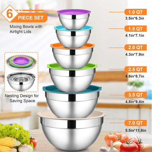 LIANYU Mixing Bowls with Lids Set of 6, Large 7 & 3.5 & 2.5 & 2 & 1.5 & 1QT Stainless Steel Serving Bowls, Kitchen Metal Nesting Bowl for Cooking, Food Storage, Dishwasher & Freezer Safe, Multi-Color