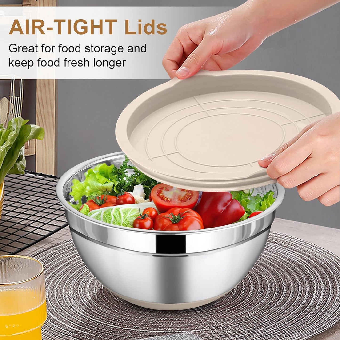 LIANYU 6 Piece Mixing Bowls Set with Airtight Lids, Size 7, 3.5, 2.5, 2, 1.5, 1QT, Stainless Steel Nesting Metal Bowls for Kitchen Baking Cooking Serving Food Storage, Non-slip Bottom, Khaki