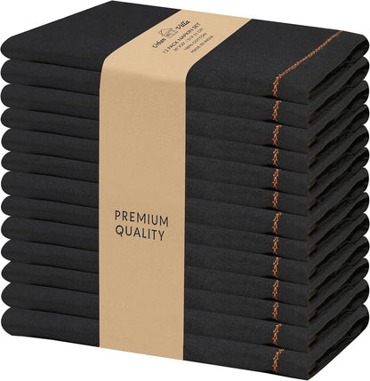 Urban Villa Cloth Napkins Set of 12 20"x20" 100% Cotton Hemstitch Napkins Cloth Washable Durable Reusable Absorbent Table Dinner Napkins Cloth for Hotel Lunch Restaurant Weddings Parties –Black Orange