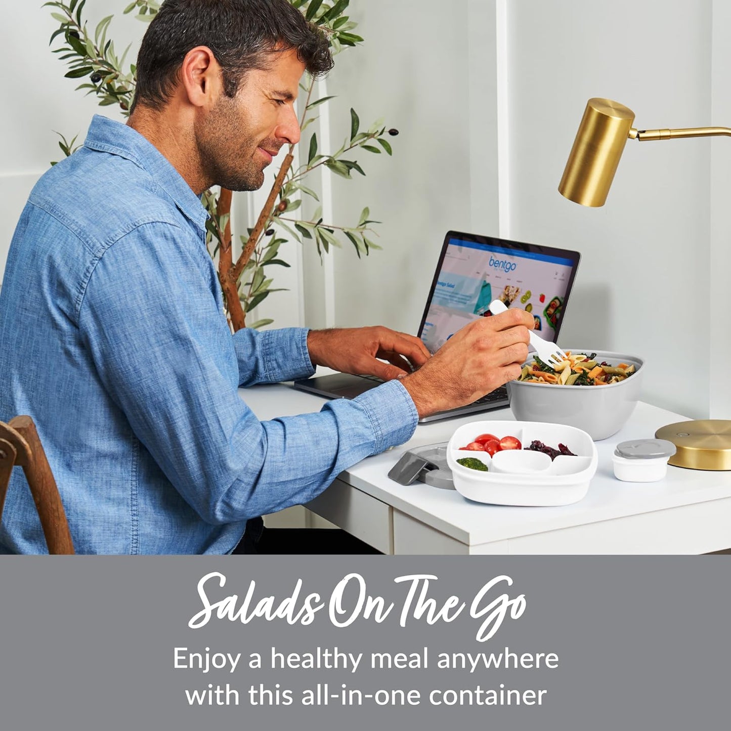 Bentgo Salad Container - 54 oz Bowl with 4-Compartment Toppings Tray, Leak-Proof Dressing Container, Reusable Fork, BPA-Free Lunch Box for Meal Prep & Food Storage; Removable Bento Tray (Gray)