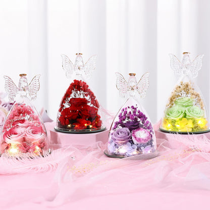 Christmas Rose Gifts for Women Preserved Real Flower in Glass Angel Figurines Roses for Delivery Prime Birthday Gifts for Mom Grandma Girlfriend Wife Her, Colorful Purple